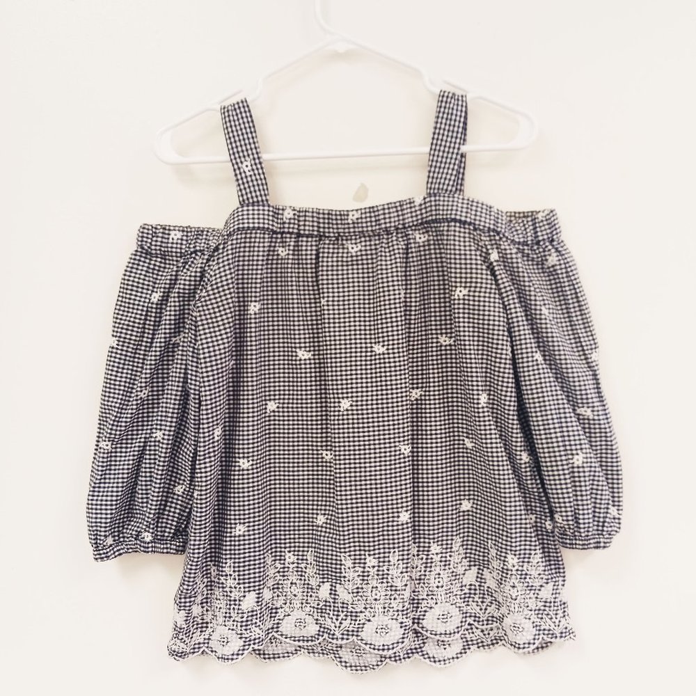 WESTPORT Navy Gingham Embroidered Off the Shoulder Blouse Size XS